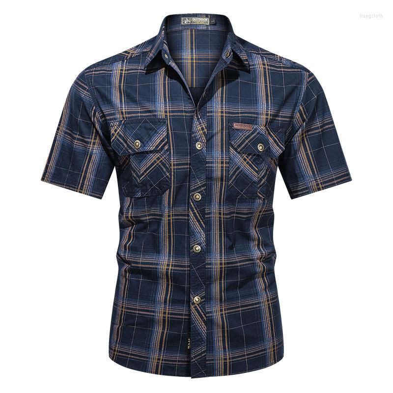 

Men's Casual Shirts Fashion Summer Men Short Sleeve Plaid Cotton Men's Clothing Cardigan Blouse Plus Size -5XL, Khaki