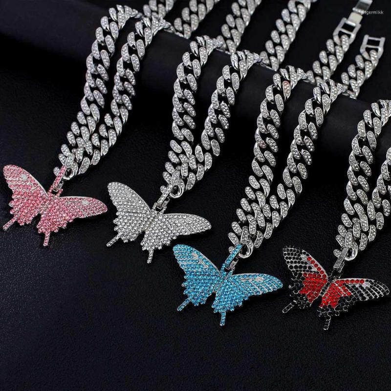 

Chains Punk Crystal Butterfly Big Pendant Charm Women Necklace Iced Out 12mm Miami Curb Cuban Chain Hip Hop Rapper Choker Jewely Gifts