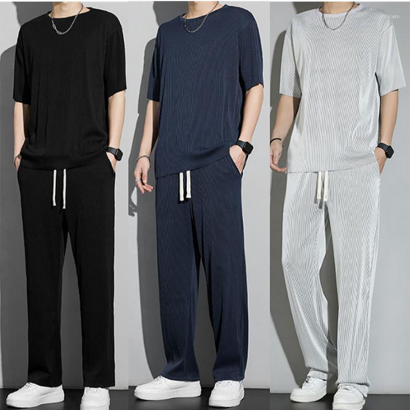 

Men's Tracksuits Ice Silk Linen Men's Set Spring Summer 2023 Loose Pullover Tops And Elastic Waist Trousers Sport Suits Men Two Piece, Black