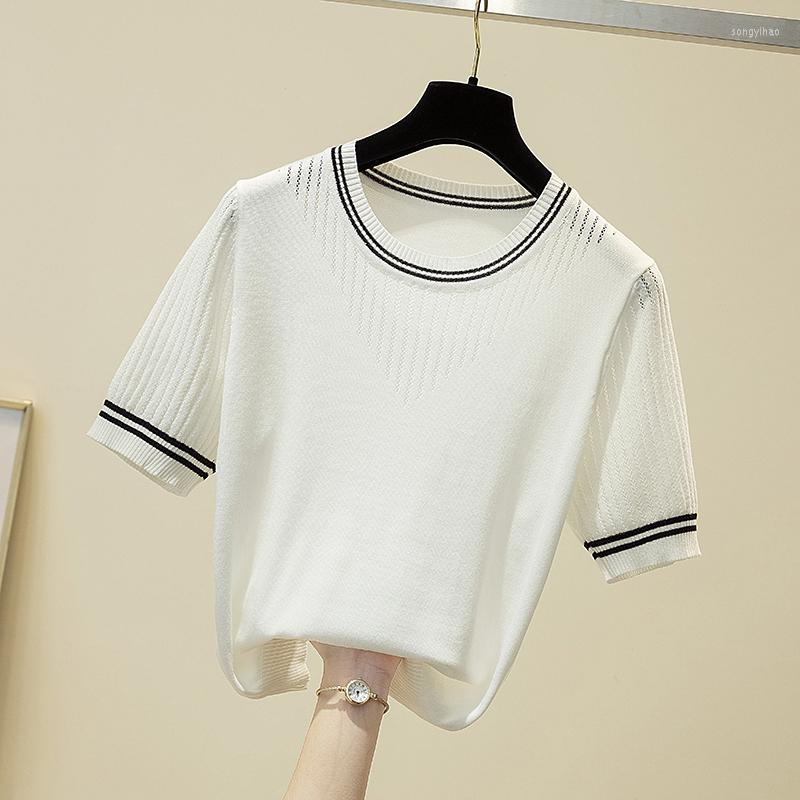 

Women's T Shirts Knitted Thin Shirt Women Tops Hollow Out 2023 Summer Short Sleeve O-Neck Loose Tshirt White Woman Clothes Camisetas, Black