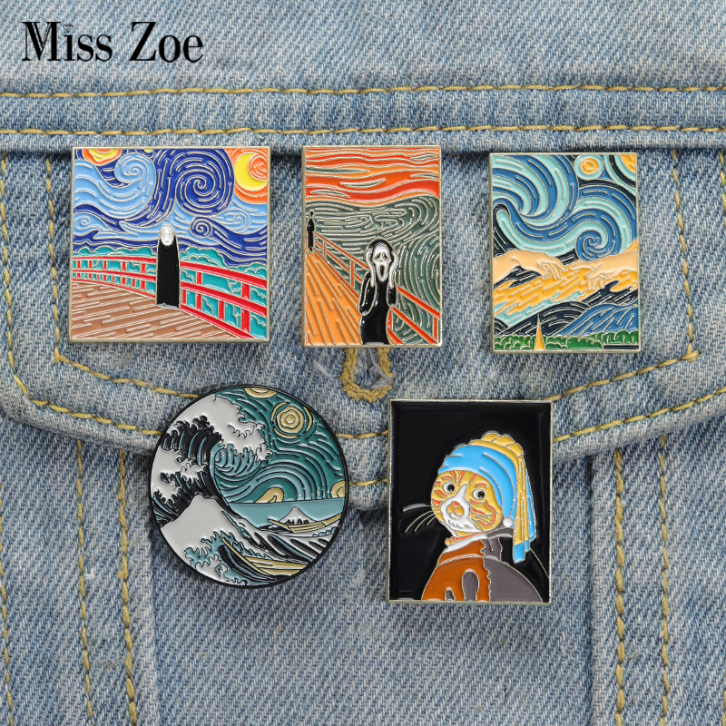 

Fun Oil Painting Enamel Pins Custom Starry Night Scream No-face Man Ukiyo-e Wave Creation of Adam Brooch Lapel Badge Art Jewelry