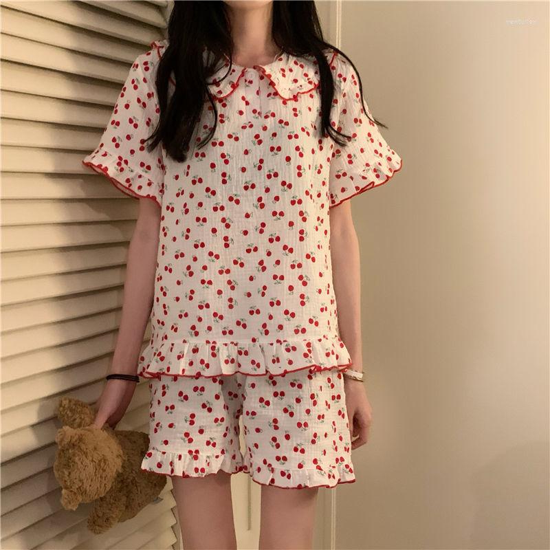 

Women's Sleepwear Cotton Korean Pajamas For Women Summer 2023 Pijama Cherry Print Pyjamas Female Set Woman 2 Piece Cute Loungewear, As the picture