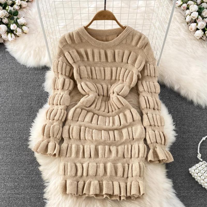 

Casual Dresses Korean O-neck Knitted Dress Autumn Winter Temperament High Waist Puff Sleeve Sweaters Pleated Slim Sweater, Khaki