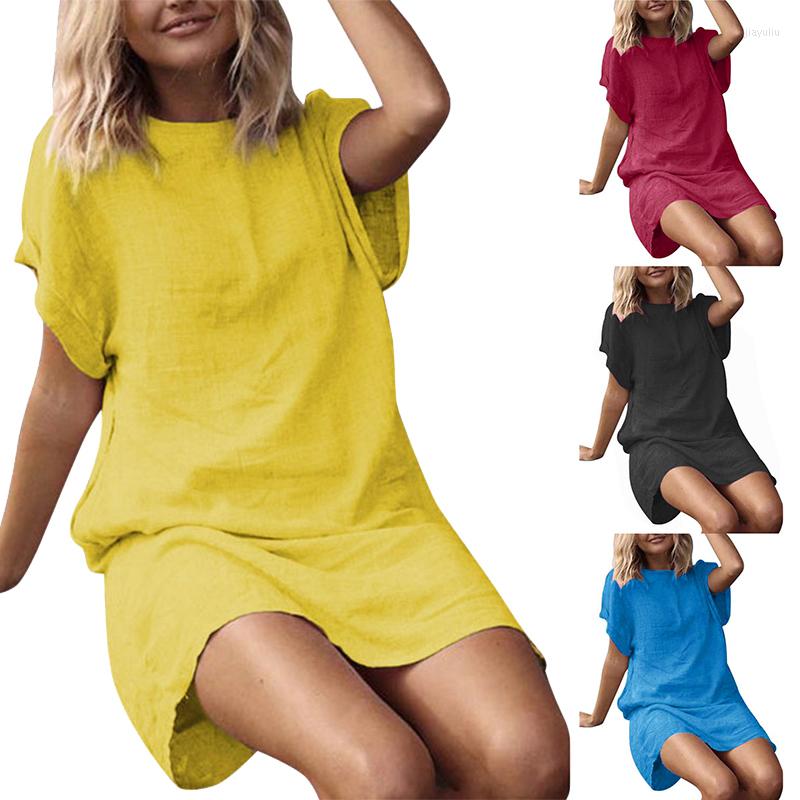 

Casual Dresses Vintage Women Solid Cotton Linen Dress Loose Sundress Short Sleeve Female Summer Robe, 05