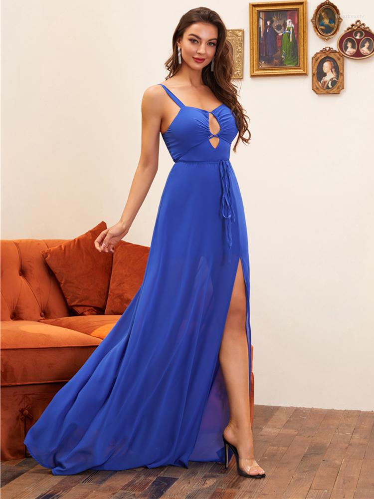 

Casual Dresses IDress Real Po Sexy Backless Straps Hollow Party Summer Dress Elegant Chiffon Maxi Womens Prom Evening Vestidos, Blue