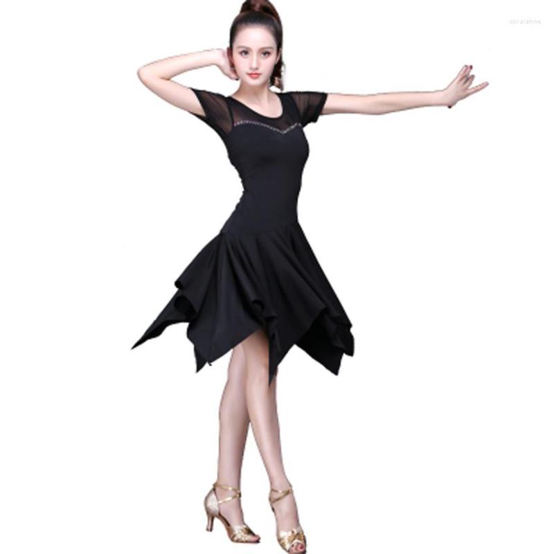 

Stage Wear Latin Dance Skirt Dress Practice Clothes Summer Style Short-sleeved Professional Sexy Performance Training For, Black