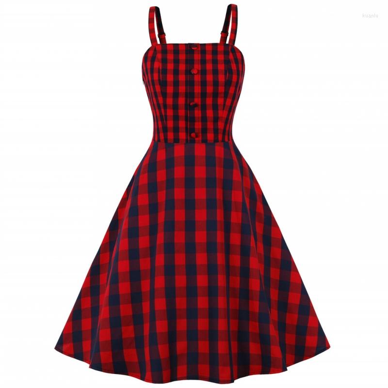 

Casual Dresses Rockabilly Summer Women Sleeveless Vintage Swing Elegant Plaid Printing Female Fashion Retro Pin Up A-Line Dress, Red