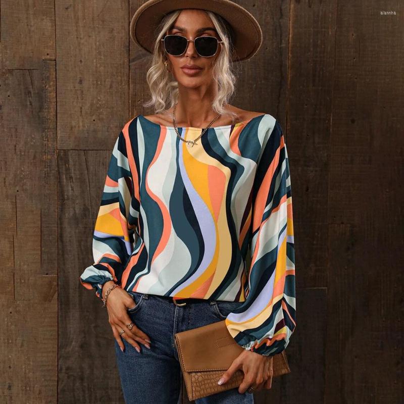 

Women' Blouses Casual Loose Women' Fashion Lantern Sleeve Print Slash Neck Shirts Top 2023 Spring Summer Office Lady Elegant Tops, Blue painted