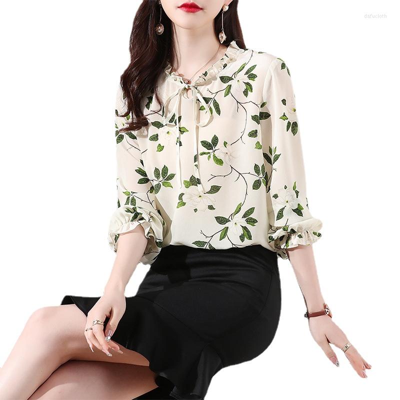 

Women's Blouses Silk Ear Lace Up Shirt Women's 2023 Spring Dress Fresh Printing Bottomed Mulberry Office Lady Tops, Picture color