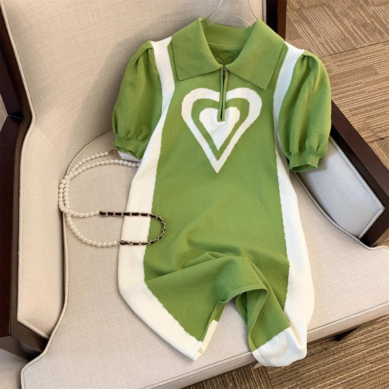 

Party Dresses Summer Elegant Mid-length Dress For Women 2023 Fashion Polo Collar Heart Print Short Puff Sleeve High Waist A-line, Green