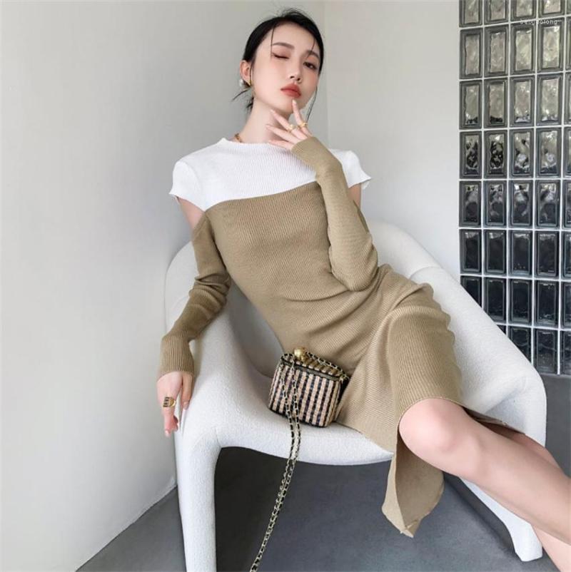 

Casual Dresses Women Knitted Dress 2023 Spring French Vintage Patchwork Off Shoulder Slim Elegant Elastic O-Neck Long Sleeve Vestidos