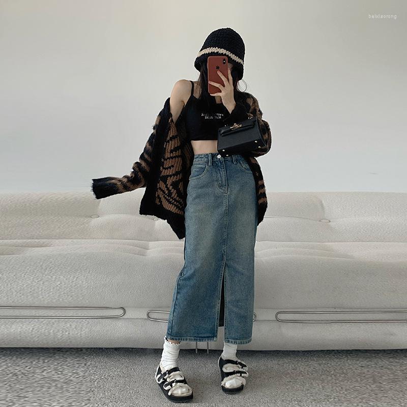 

Skirts Women's Long Retro Denim Skirt Vintage Casual High Waist Jeans Bodycon Bag Hip Maxi Dress Female Straight Mid Split Office Lady, Blue