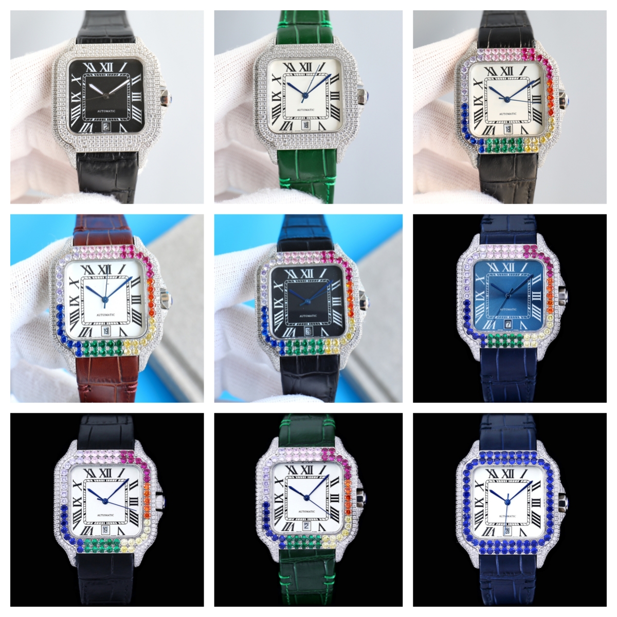 

Montre de luxe mens Watches 40mm 8215 Automatic Mechanical movement 316L steel case leather strap colorful babysbreath diamond watch Wristwatches, As picture