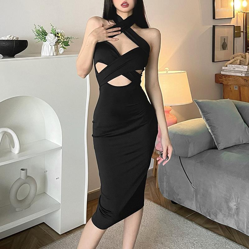 

Casual Dresses Sexy Backless Dress With Cross V-neck And Slim Fit Waist 2023 Europe America Spring Summer Women' Clothes, Black