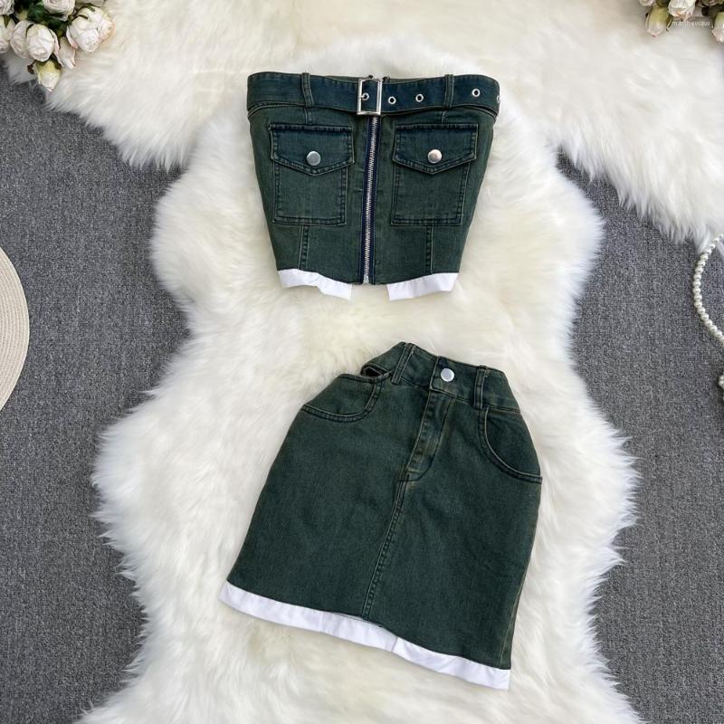 

Work Dresses Summer Fashion Set Zipper Bra Denim Top Two Piece High Waist Wrap Hip Half Skirt, Green