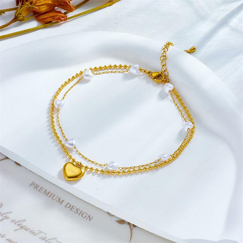 

Link Bracelets 316L Stainless Steel Fashion Cute Romantic Pearl Love Heart Pendant Bracelet For Women Simple Birthday Party Wrist Jewelry