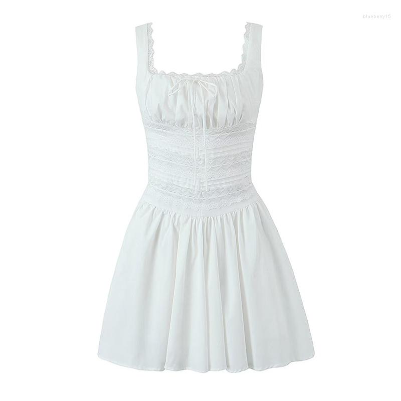 

Casual Dresses YENKYE 2023 Women Fashion Lace Spliced White Corset Style Sling Dress Sexy Sleeveless Female Summer A-line Mini Robe