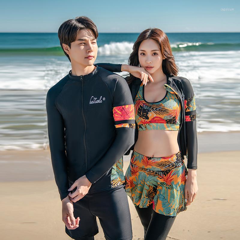 

Women's Swimwear Men's Long Sleeve Shirt Pants Shorts Women 5 Pieces Black Print Patchwork Rash Guards Couples Bathing Suits, Ladies 5 piece set