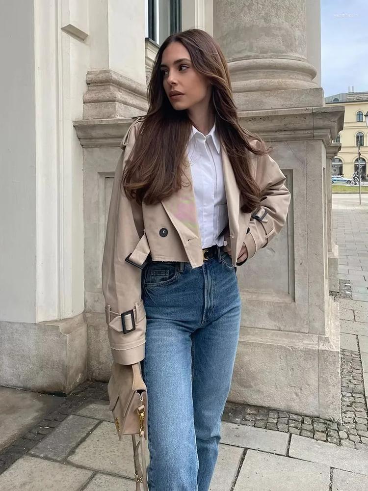 

Women' Jackets SLMD 2023 Spring Women Fashion Khaki Cropped Jacket With Belt Female Turn-Down Collar Short Coat Casual Streetwear