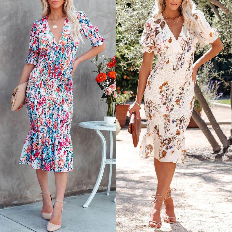 

Casual Dresses Women Floral Print Bohemian Ruffle Dress Fashion Female Half Sleeve V Neck High Waist Corset, Beige