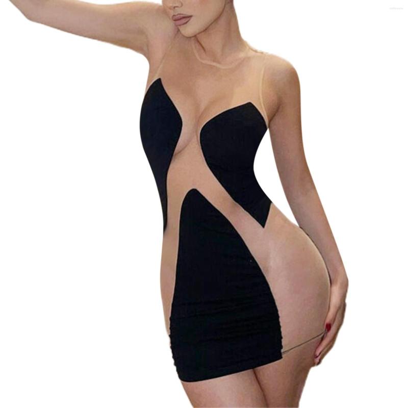 

Casual Dresses Women's Fashion Sexy Mesh Stitching Contrast Color Sleeveless Dress, Black