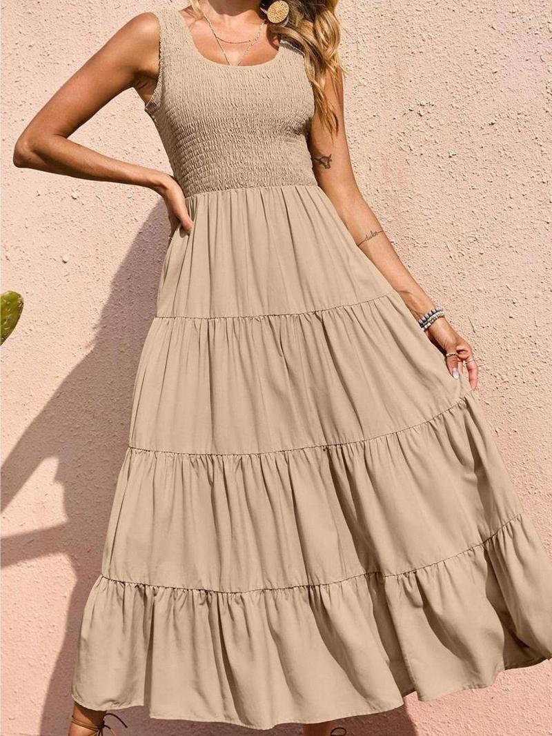 

Casual Dresses Women Summer Ruffles Wrap Solid Color Boho Long Dress Ruched U-Neck Sleeveless Beach Holiday Loose, Khaki