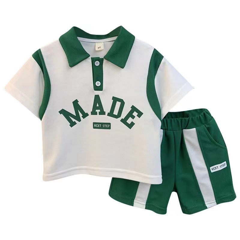 

Sets Suits 2023 Kids Boy Summer Clothes Letter Short Sleeve T Shirt Shorts 2Pcs Sets Turn Down Collar Top Pants Suit Children Tracksuits 230508, White