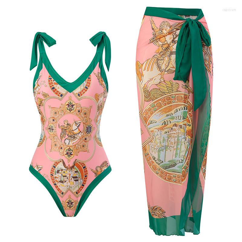 

Women's Swimwear Knight Print Bowknot Straped One Piece Women's Swimsuit With Chiffon Warp Long Sarong Beach Skirt Swimdress Mujer May, 14