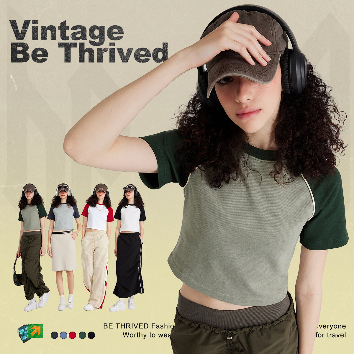 

BE women's clothing | spring/summer 2023 American bump color restoring ancient ways little spice outfit raglan sleeve short women's T-shirt, Customize