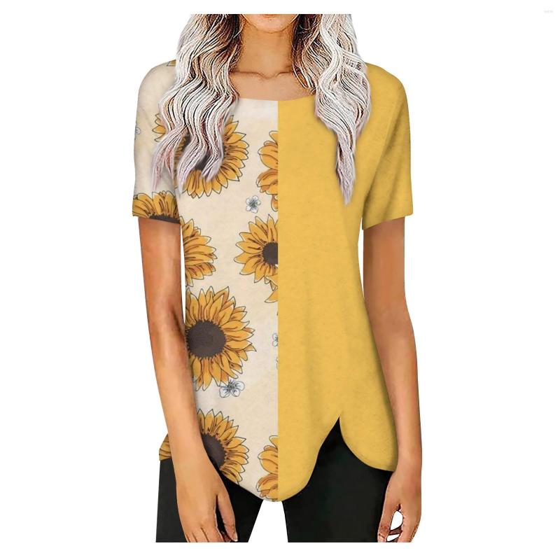 

Women's T Shirts O-neck Irregular Hem Women's Fashion T-shirt Sunflowers 3d Print Summer Tee Tops Loose Pullover Female Casual Top, Green