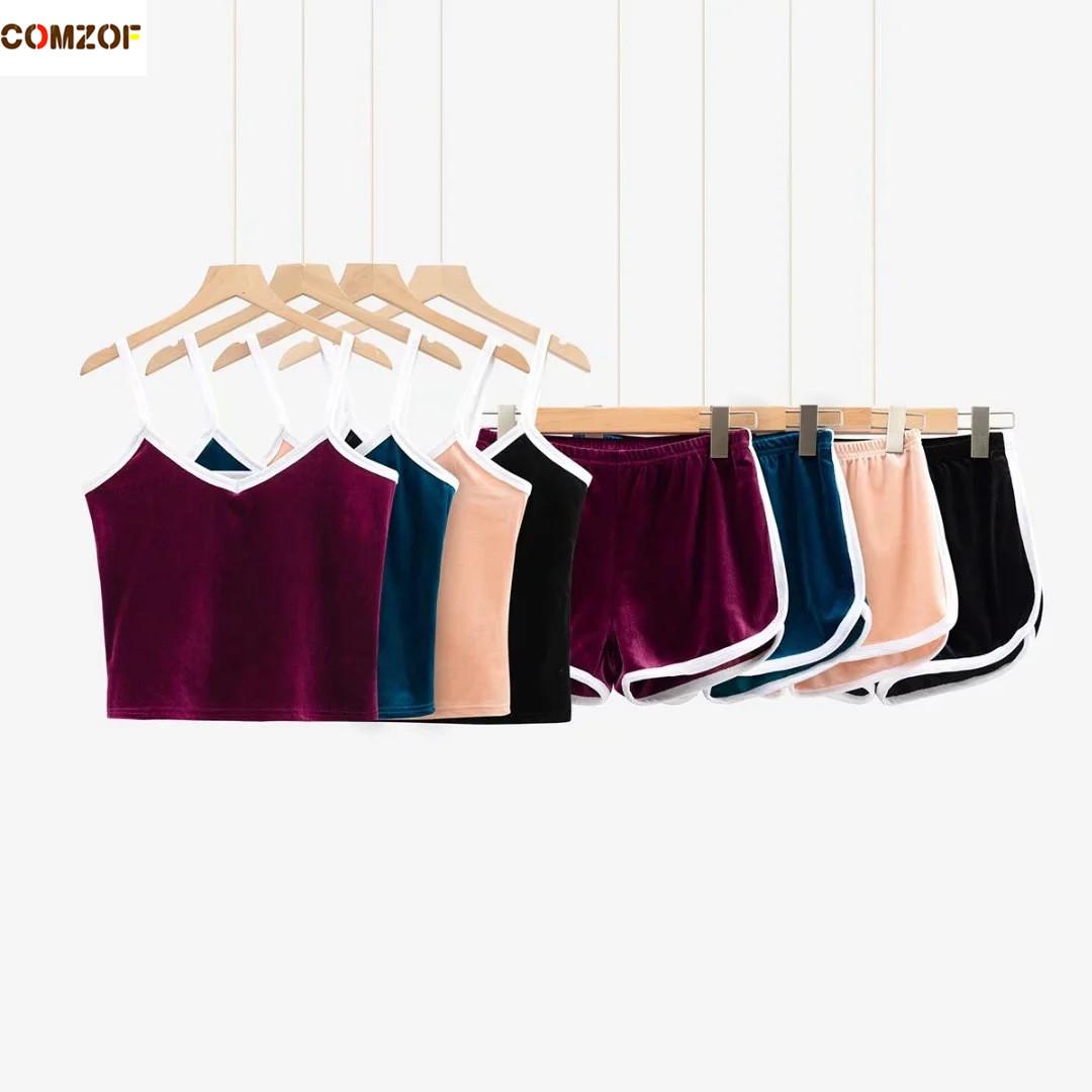 

Dress Hot Sale Women Tank Top+Shorts Velvet 2 Piece Set Cropped Velour Clothing Tracksuit Lady Casual 2021 Spring Summer Suits, Khaki
