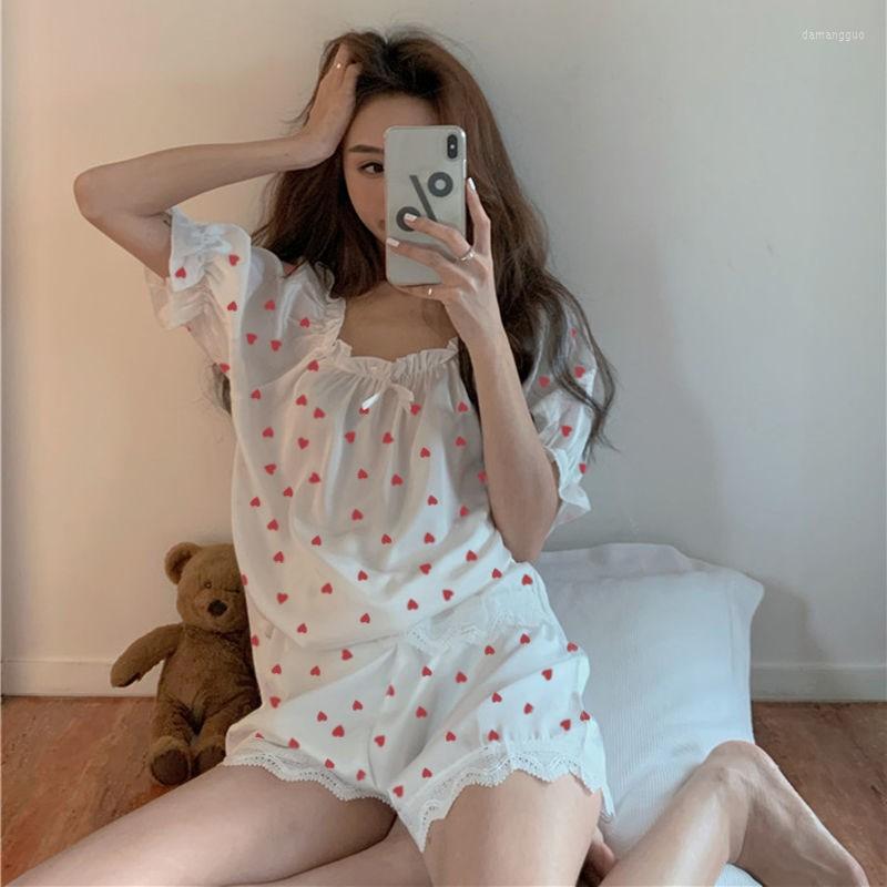 

Women's Sleepwear Summer Short Sleeve Shorts 2PCS Pajamas Suit Lace Bow Trim Faux Silk Loose Home Pijama Wear Cute Ruffles Nightwear, Black