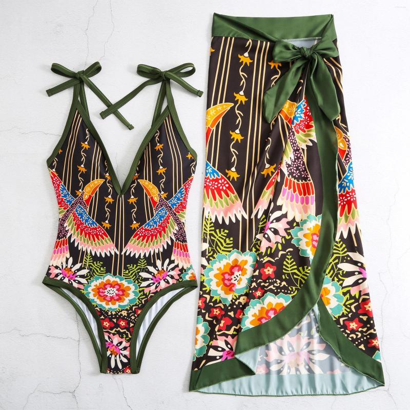 

Women' Swimwear Phoenix Animals Tied Shoulder V Neck Push Up Swimsuits Cover Ups Sarong Beach Skirt Bathing Suit May Mujer Swimdress