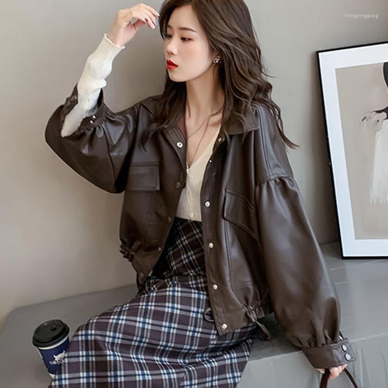 

Women's Jackets Leather Jacket For Women Korean Basketball Tops Short Bomber Coat Turn Down Collar Black Brown Overwear Fall Winter Clothes