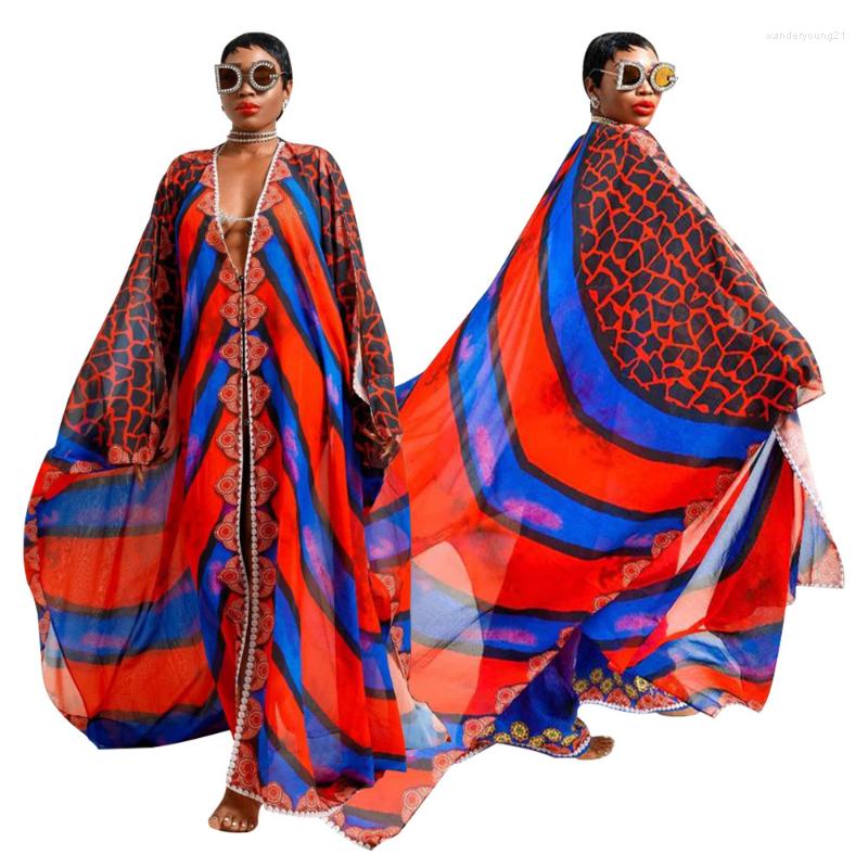

Ethnic Clothing African Dresses For Women Summer Fashion V-neck Long Sleeve Polyester Printing Dress Maxi Clothes