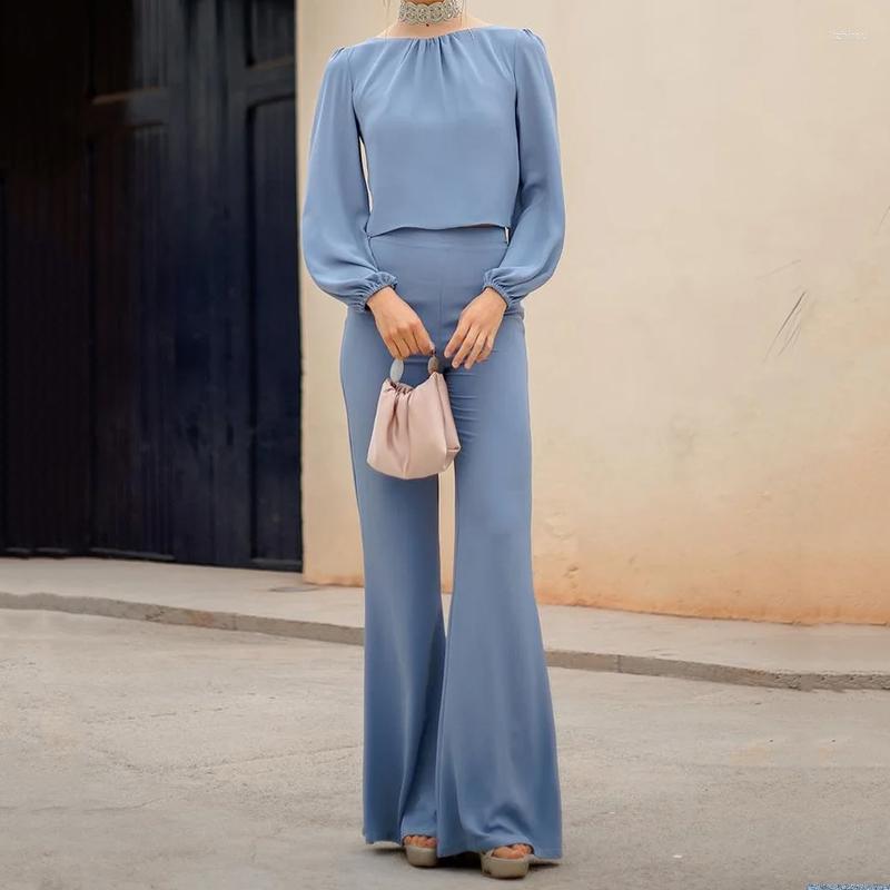 

Women' Two Piece Pants LIYONG Women Set Fashion Elegant Solid Lantern Long Sleeve Back Design Top Casual Flare Sets High Streetwear, Blue