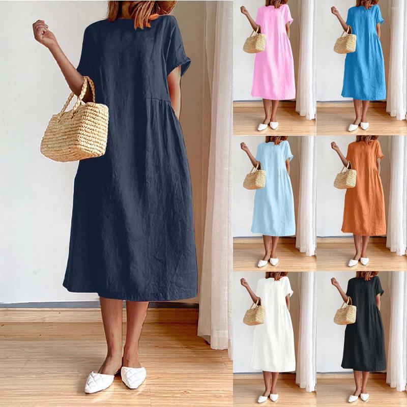 

Casual Dresses Women Versatile Solid Color Dress Vintage High Neck Cotton Linen Summer Elegant Lunch Break Vacation Daily, Royal blue