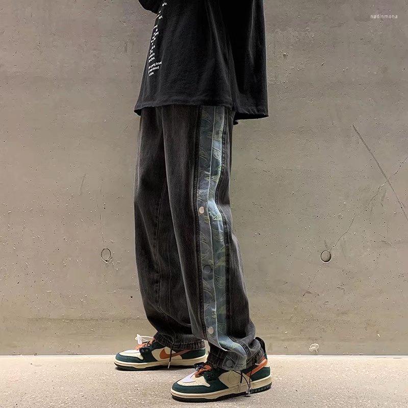 

Men' Jeans High Street Tide Handsome Vintage Hip Hop Baggy Double-breasted Male Straight Cashew Flower Printed Pants Streetwear, Black