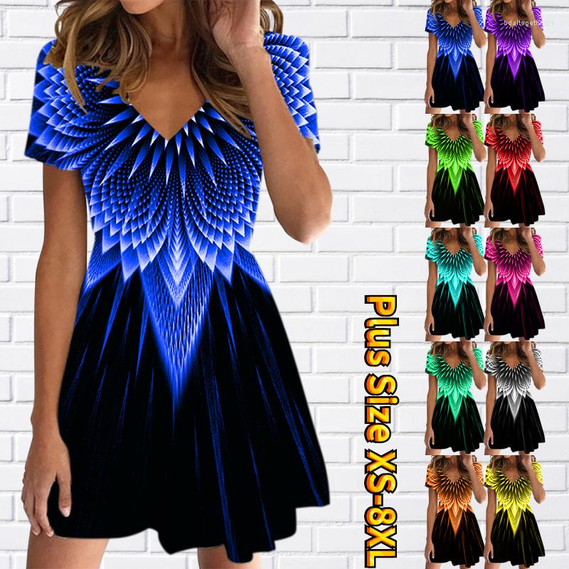 

Casual Dresses 2023 Vintage Knee-length Skirt V-neck Short-sleeved Summer Regular Dress Women's Trend Slim 3D Printing Party, 24955blue