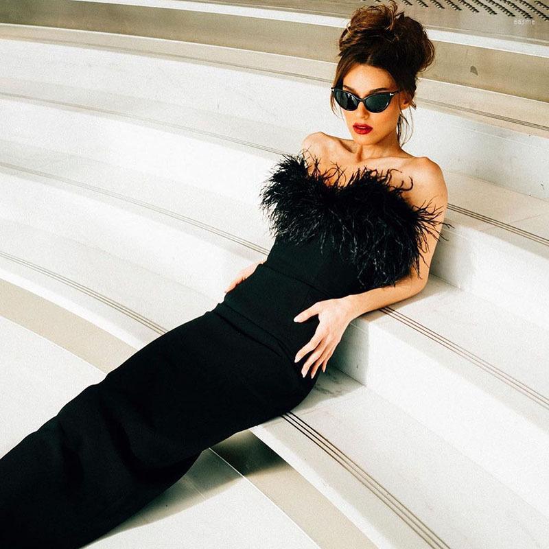 

Casual Dresses Woman Strapless Feather Design Dress For Party Chic Bodycon Bandage Black Long Vestido 2023