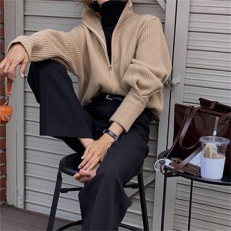 

Women's Knits Knitted Cardigans Sweater Women Fashion Retro Spring Half High Collar Zipper Long Sleeve Loose Coat Casual Solid Female, Khaki