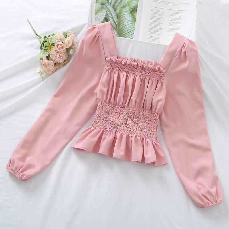 

Women' T Shirts Sexy Lolita Elegant Women Chiffon Blouse Long Sleeves Corset Square Collar Tshirt College Style Pleated Top Summer Spring, Black