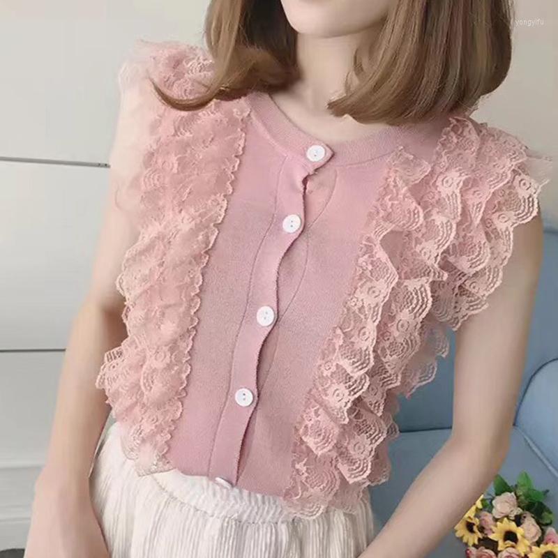 

Women's T Shirts 2023 Summer Thin Knitted Tshirt Button Women Shirt Lace Patchwork Sleeveless Womens Tops Tee Clothes Camisetas De Mujer, Black