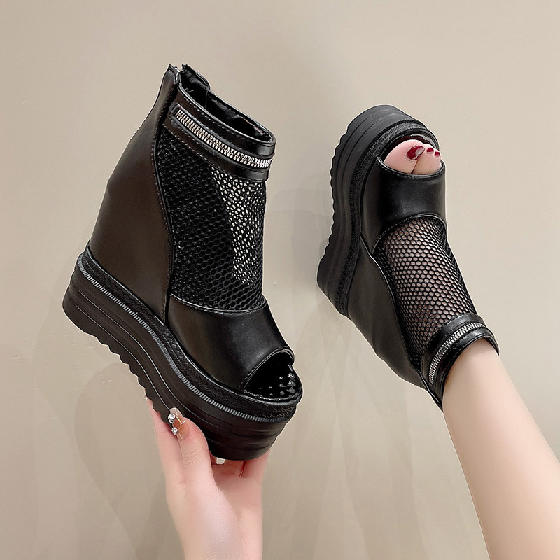 

Height Increasing Shoes Summer Sandal Platform s Open Toe Zip Roman Gothic High Wedge Heels s 230508, Black