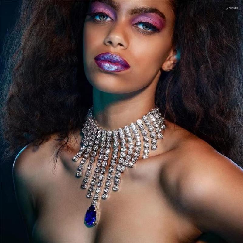 

Chains Fashion Luxury Blue Crystal Large Water Drop Gem Multi-layer Long Tassel Necklace Bride Wedding Jewelry Gifts W