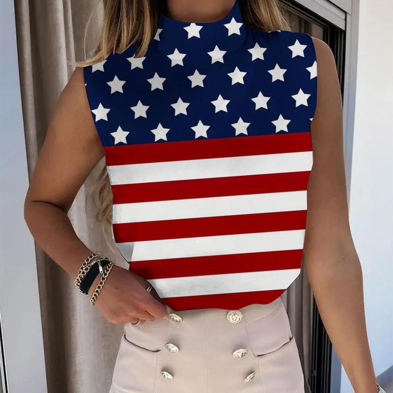 

Women' Tanks Tank Sexy Summer 4th Floral Top Tees Women Sleeveless Cami 2023 July Turtleneck Blouse Vest Casual Female Sleveless T-shirt, Blue