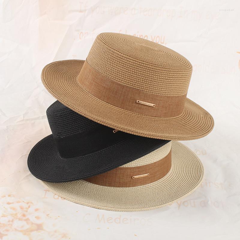 

Wide Brim Hats Eaves Sun Hat Female Flat Top Panama Straw Europe And The United States Retro Gold Woven Beach, White