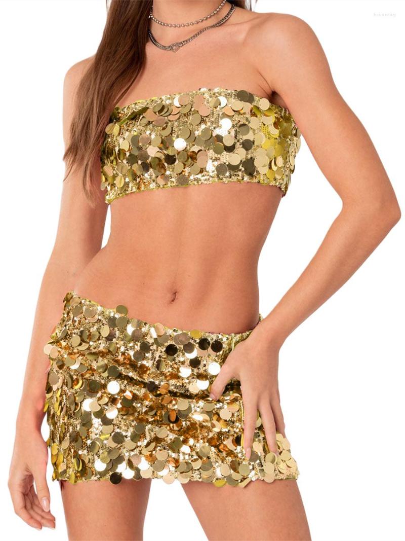 

Two Piece Dress Women S Summer 2PCS Outfit Sets Sleeveless Off Shoulder Mini Bandeau Sequins Skinny Skirt, Pink