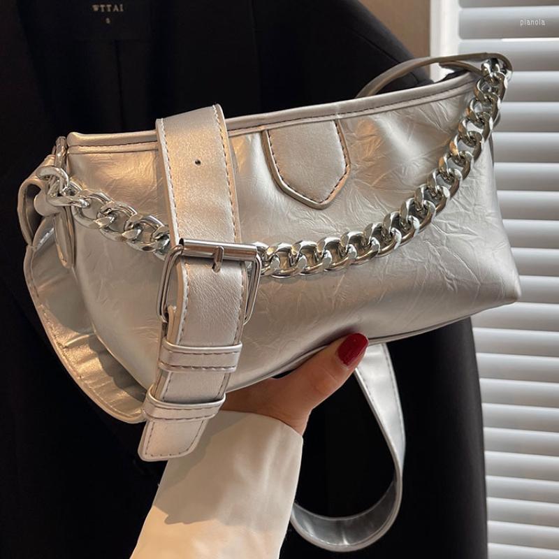 

Evening Bags 2023 Summer For Women Sac A Main Designer Silver Handbags Vintage PU Leather Shoulder Crossbody Ladies Chain Bag Bolso, Black