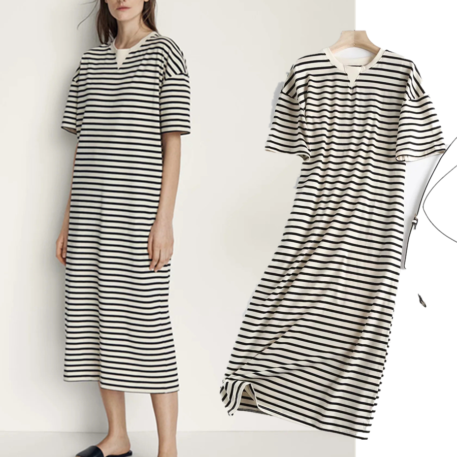 

Casual Dresses Maxdutti De Fiesta De Noche England Indie Folk Vintage Striped O-neck Loose Causal Long Dress Cotton Summer Dress WomenVestidos 230509, Beige